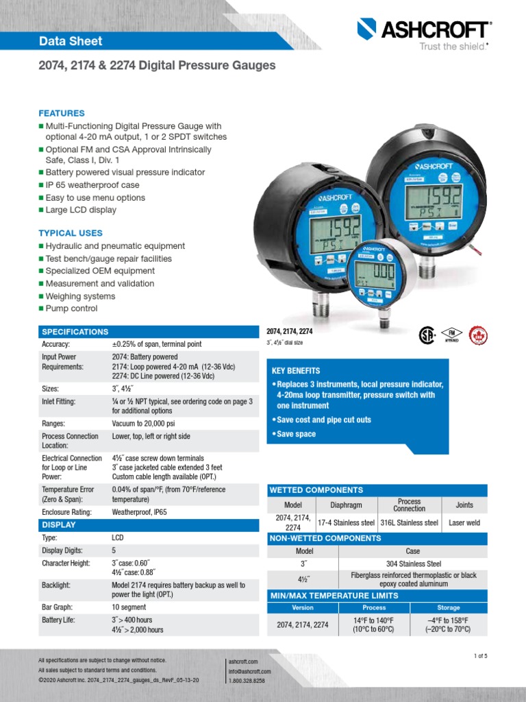 2074, 2174 & 2274 Digital Pressure Gauges Data Sheet PDF