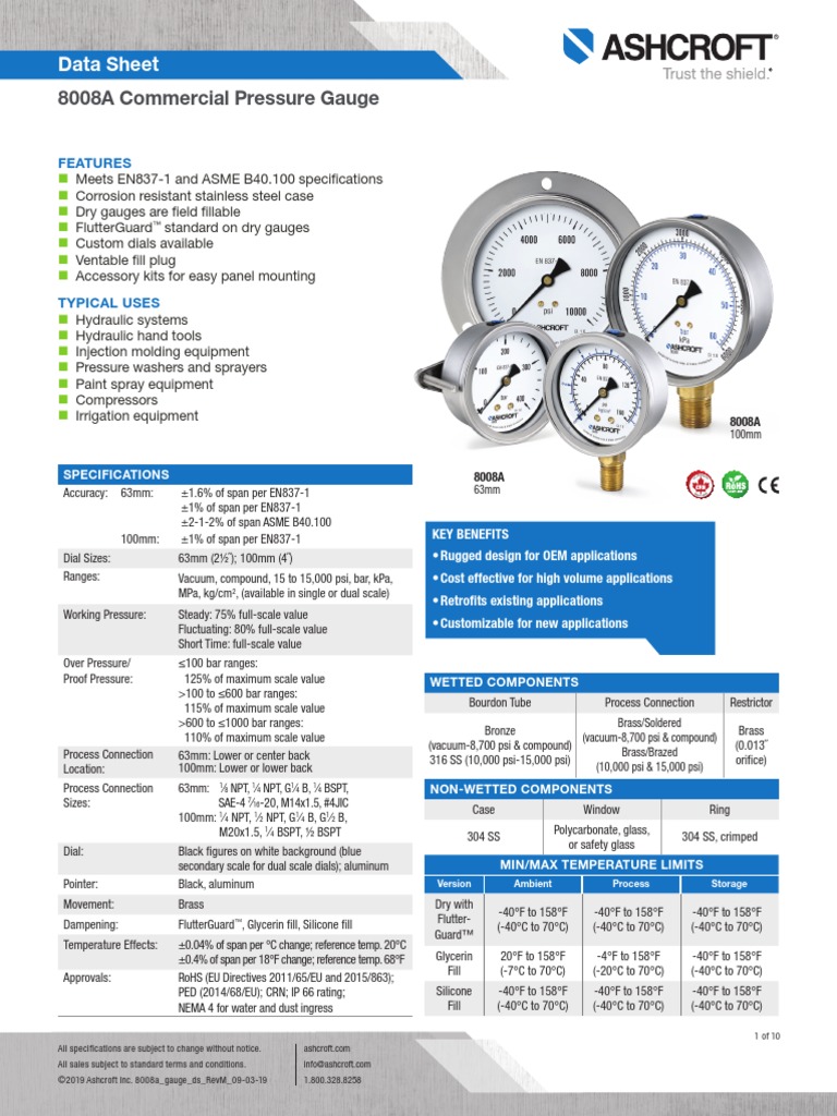 8008A Commercial Pressure Gauge Data Sheet PDF Sheet Metal