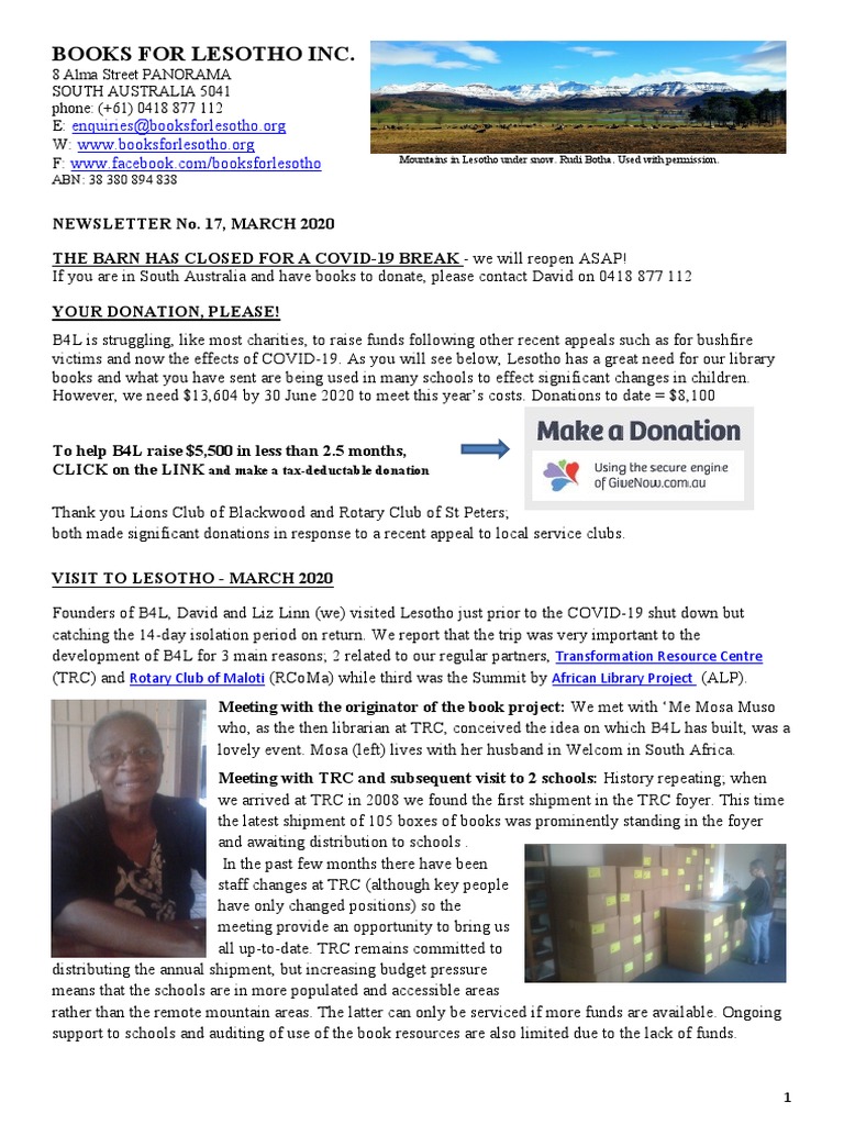 Books For Lesotho Inc.: 8 Alma Street PANORAMA South Australia 5041