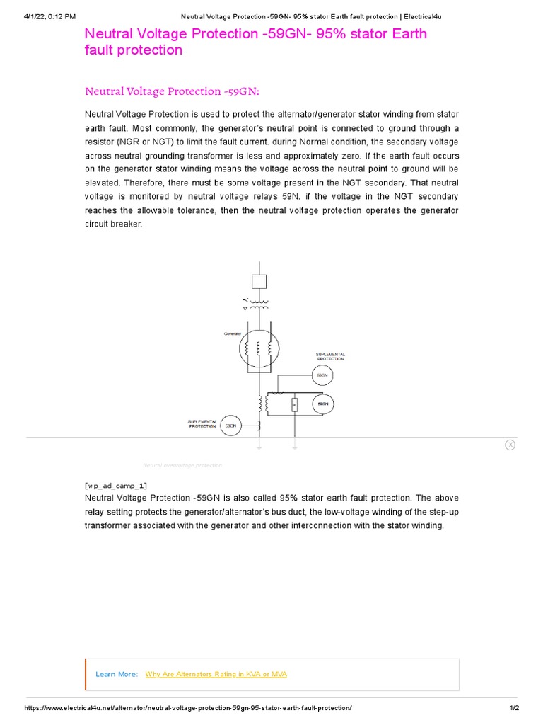 Neutral Voltage Protection 59GN 95 Stator Earth Fault Protection Electrical4u PDF