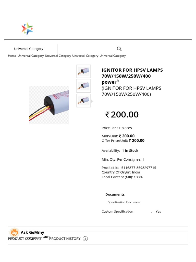 Buy IGNITOR FOR HPSV LAMPS 70W - 150W - 250W - 400 Online - GeM | PDF ...