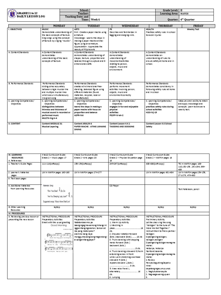 Grade 2 MAPEH 4th Quarter Week 6 | PDF | Curriculum | Learning