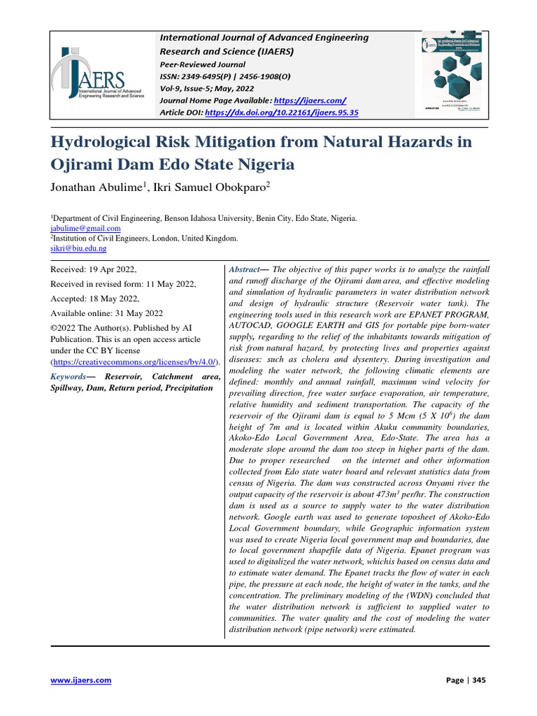 Hydrological Risk Mitigation From Natural Hazards in Ojirami Dam Edo