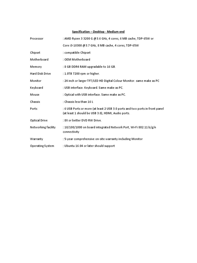 Specification - Medium End Desktop Evaluators | PDF | Computers