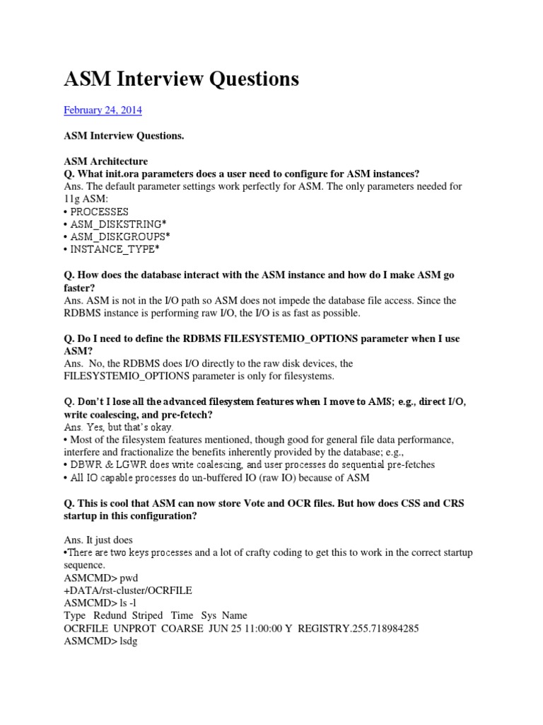 ASM Interview Questions PDF Database Index Backup