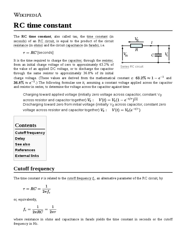 RC Time Constant Cutoff Frequency Delay See Also References External