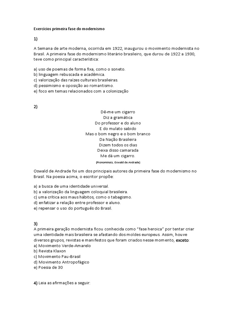 Exercícios sobre a Primeira Fase do Modernismo | PDF | Brasil | Poesia