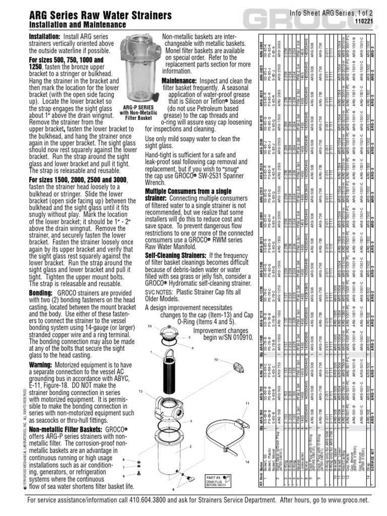 GROCO ARG750S Freshwater Strainer Installation Maintenance Manual