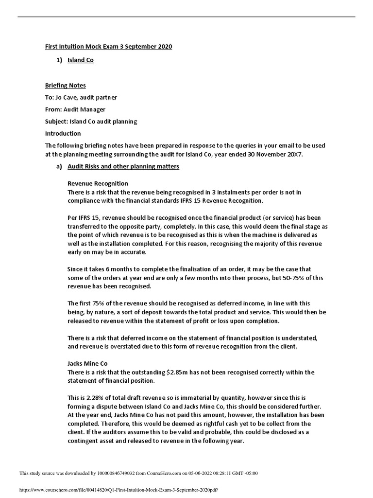 Q1 First Intuition Mock Exam 3 September 2020 PDF PDF Audit Risk