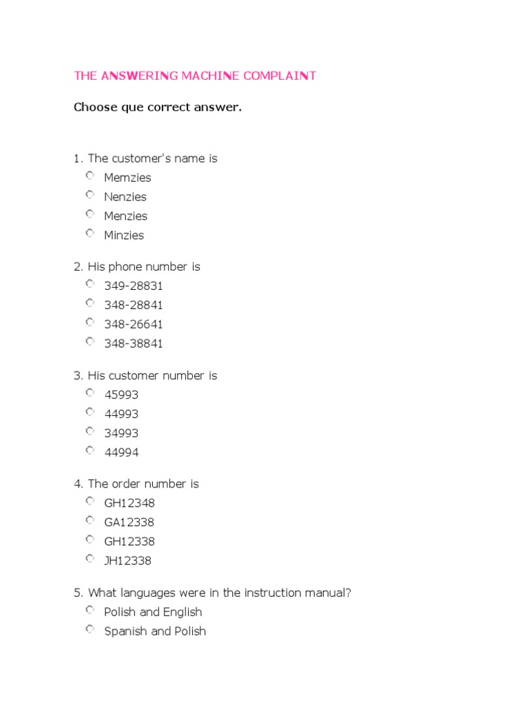 THE ANSWERING MACHINE COMPLAINT Activity | PDF