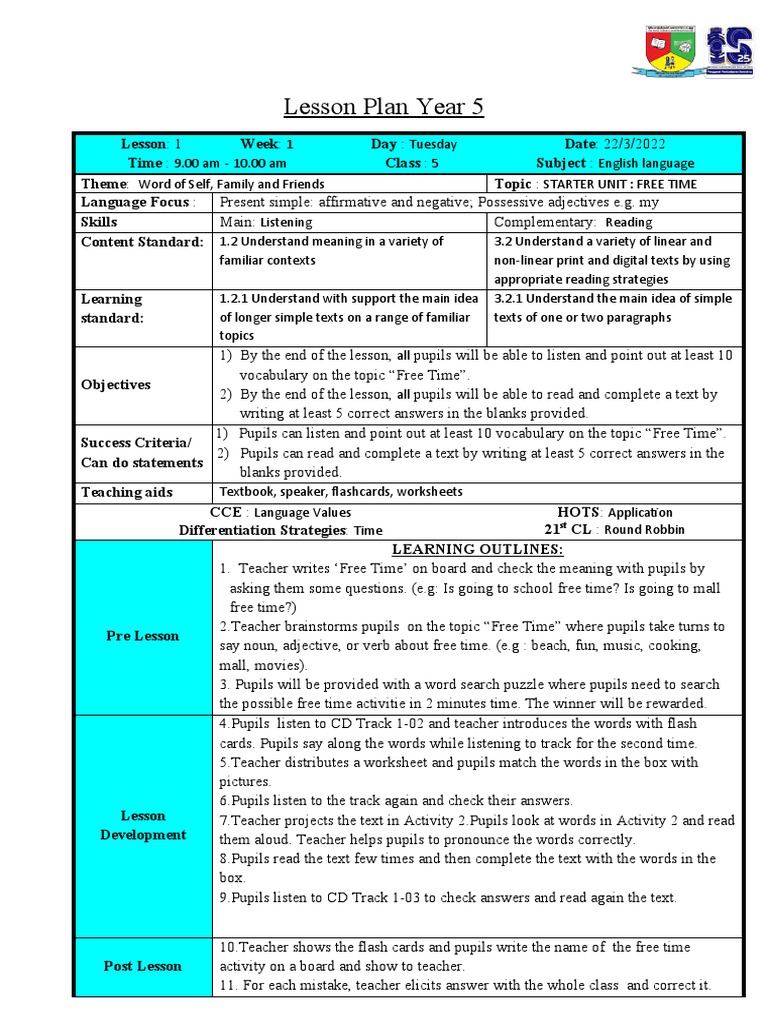 Y5 LP Lesson 1 | PDF | Vocabulary | Lesson Plan