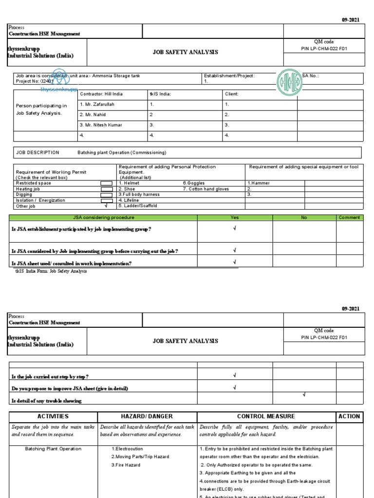 5.JSA of Batching Plant Installation | PDF | Electrician | Occupational ...