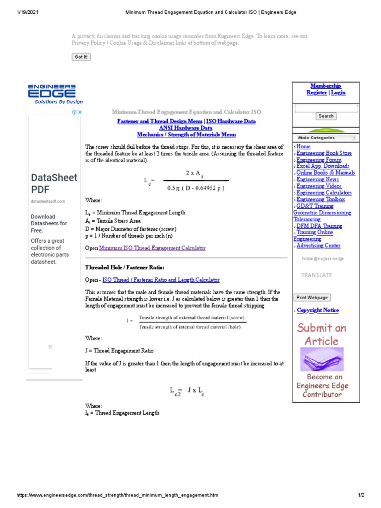 Minimum Thread Engagement Equation and Calculator ISO - Engineers Edge ...