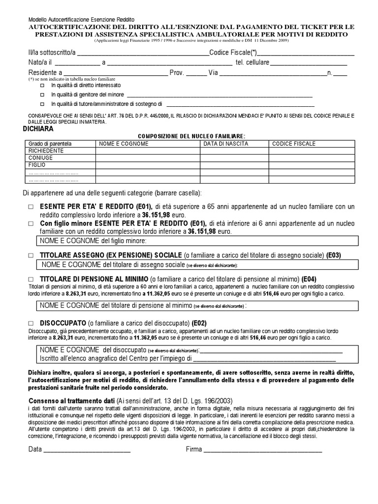 Esenzione Ticket Per Reddito Modulo Di Autocertificazione PDF