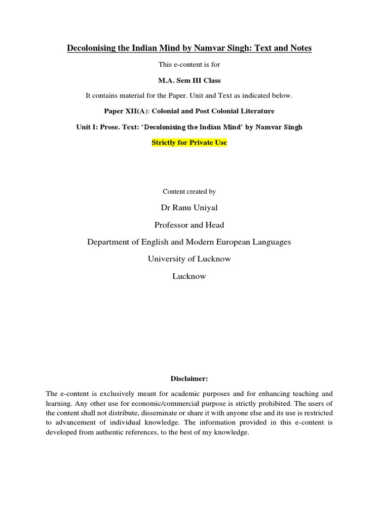 Decolonizing The Indian Mind Pdf Postcolonialism Colonialism