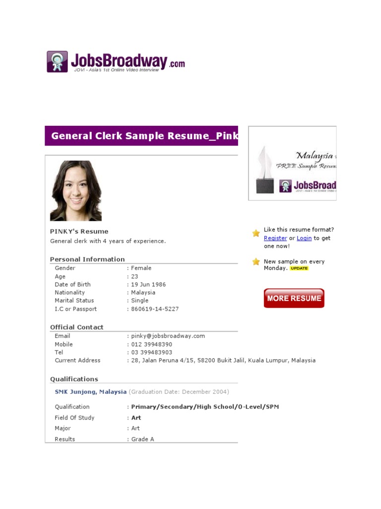 Resume Clerk Malaysia 