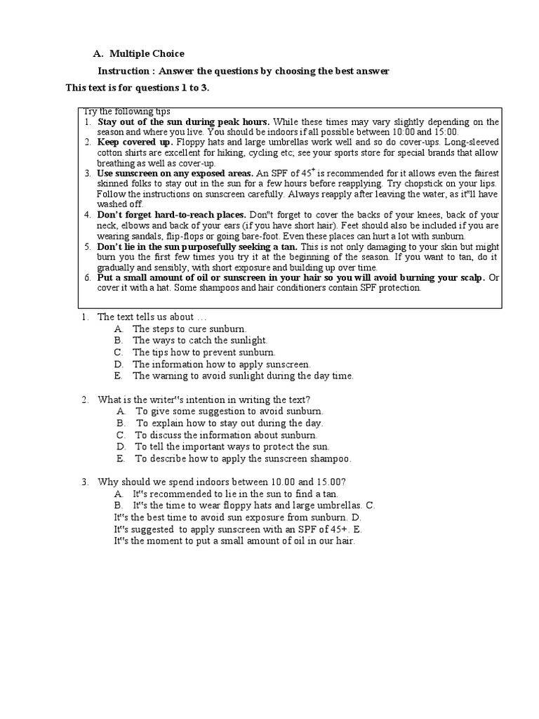 ENGLISH TEST (Procedure Text and Song) | PDF | Sunscreen