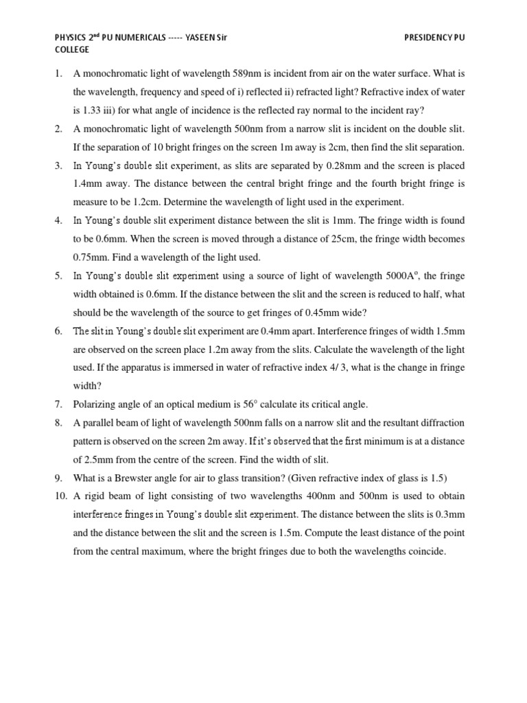 Physics Numerical Problems on Light | PDF | Wavelength | Optics