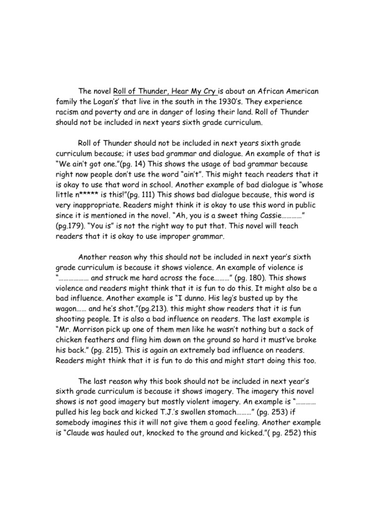Roll Of Thunder Hear My Cry Essay