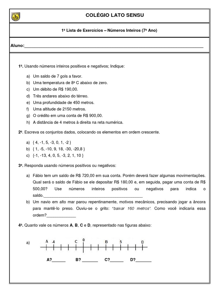 Exercícios de Números Inteiros - 7º Ano | PDF | Número real | Conceitos ...