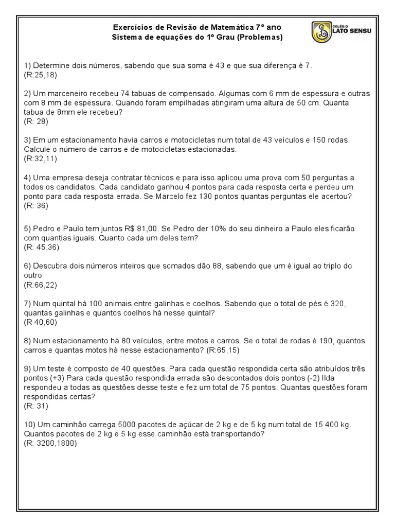 Exercícios de Revisão de Matemática 7º Ano Gabarito | PDF