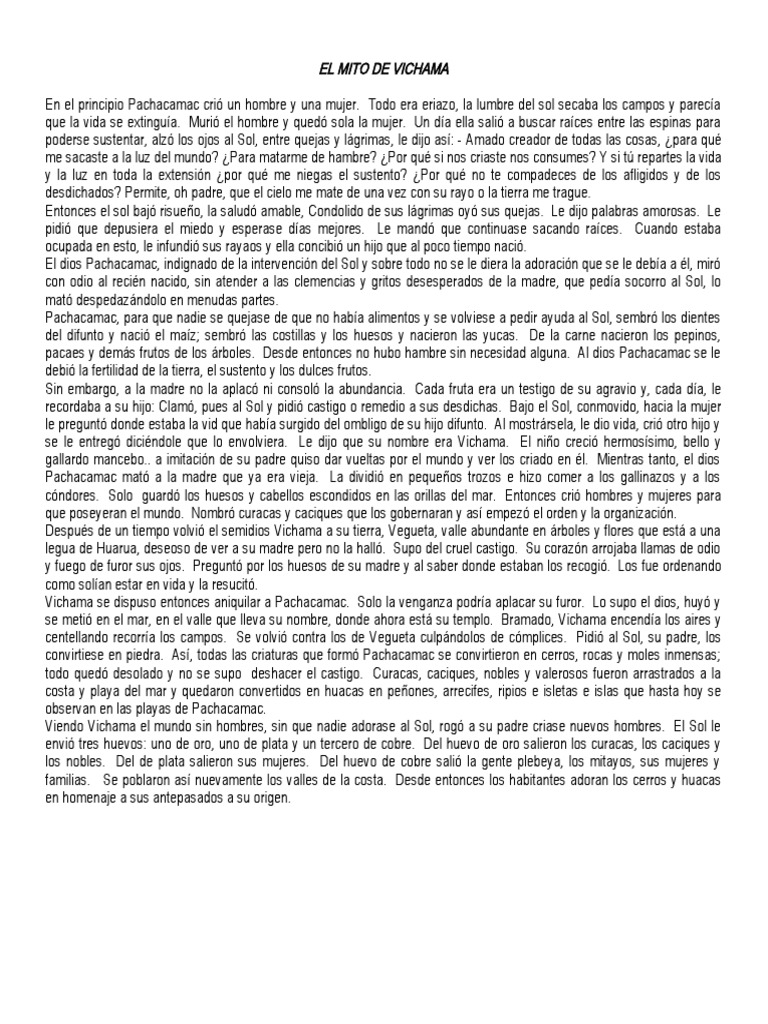Mito de Vichama y Pachacamac | PDF | Religión y espiritualidad | Poesía