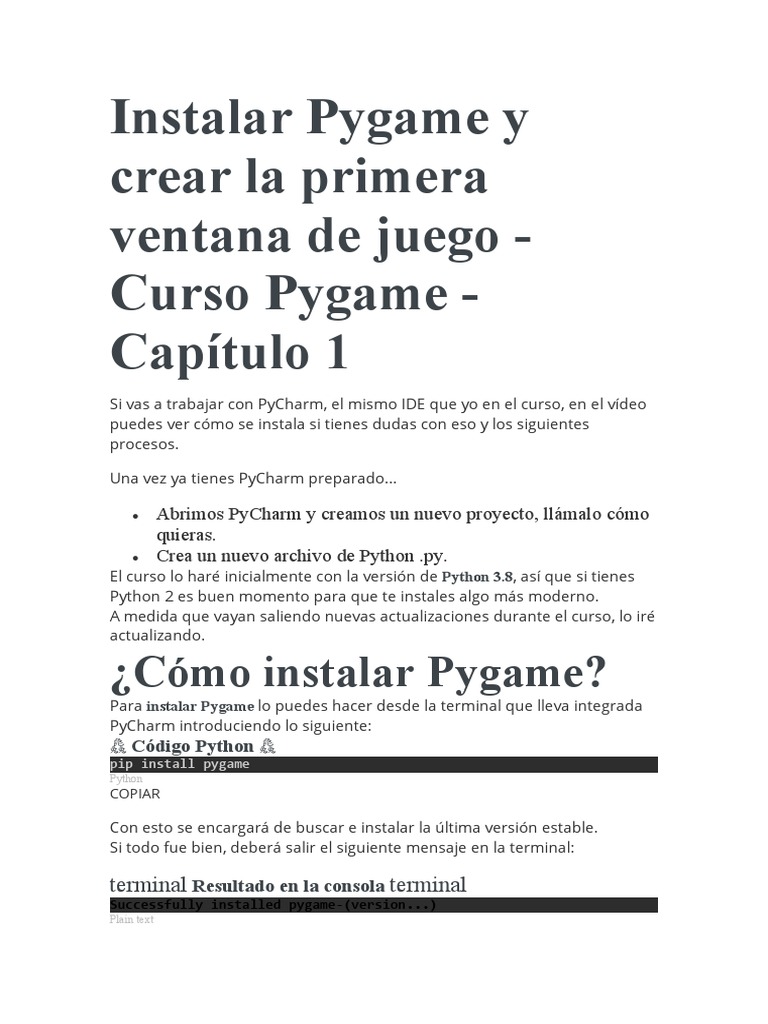 1 instalar pygame y crear la primera ventana de juego pdf python
