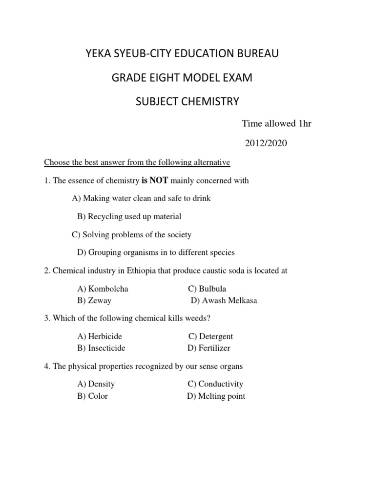 Chemistry Model Exam For G 8 PDF Acid Metals