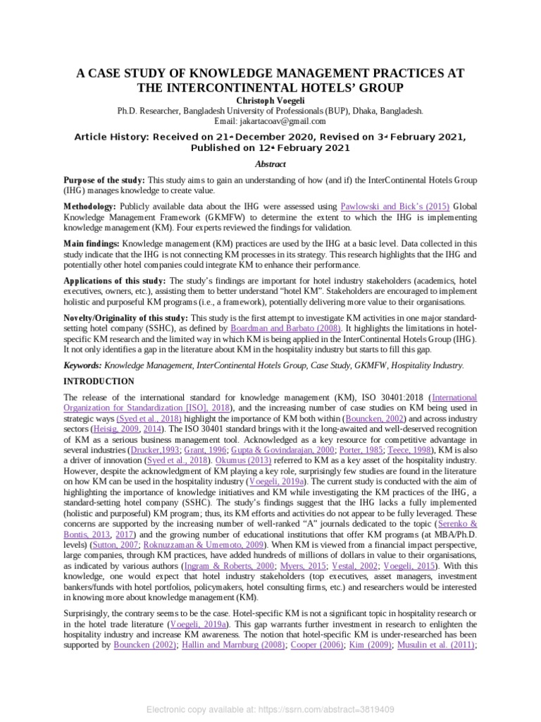 A Case Study of Knowledge Management Practices at The Intercontinental ...