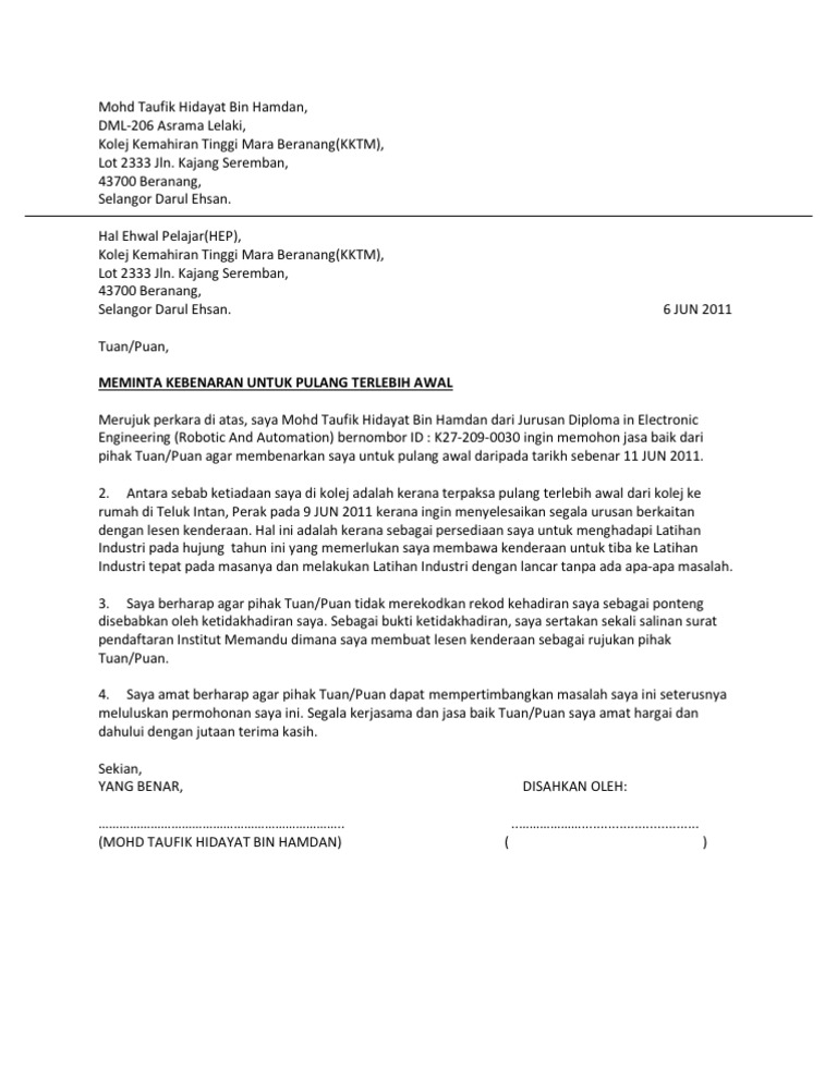 Surat Balik Awal Pdf