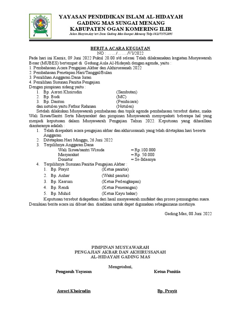 Berita Acara Kegiatan Mubes 2022 | PDF