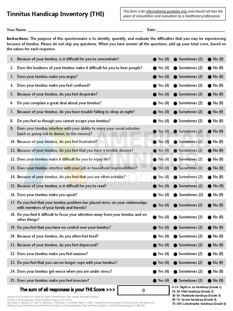 Tinnitus Handicap Inventory PDF Tinnitus Diseases And Disorders