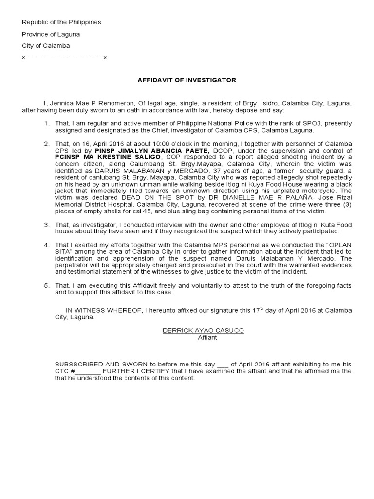 4. Affidavit of Investigator | PDF | Affidavit | Witness