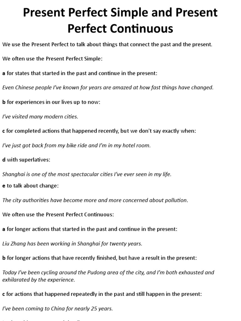 Present Perfect Simple vs Continuous | PDF | Perfect (Grammar ...
