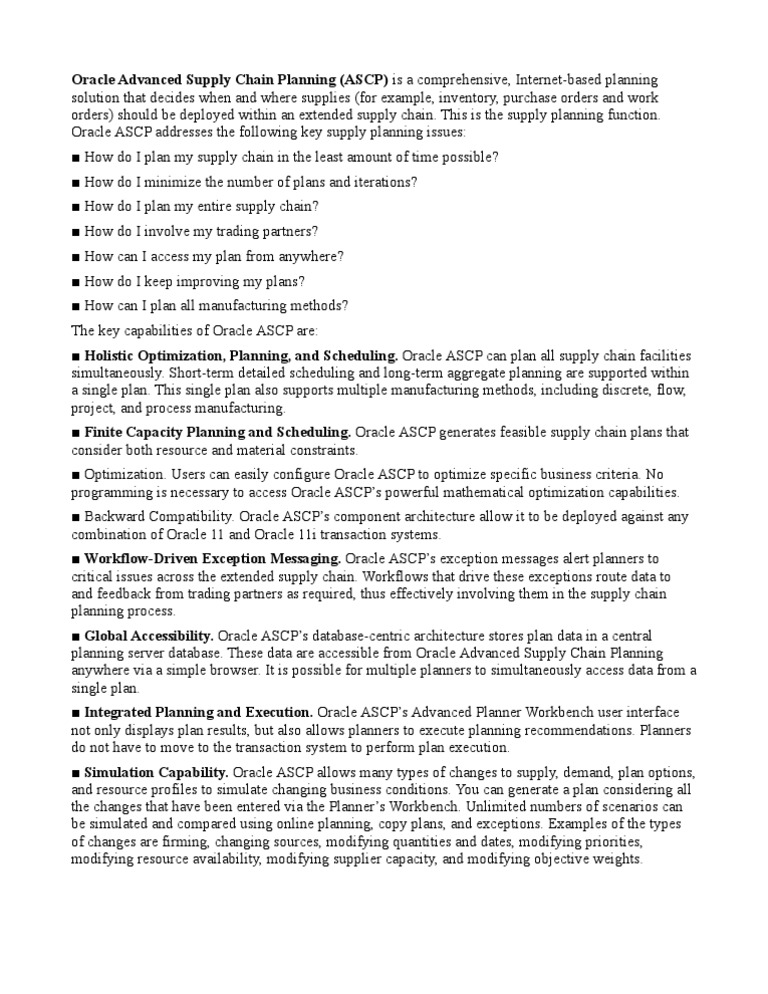 ASCP Features PDF Oracle Database Supply Chain