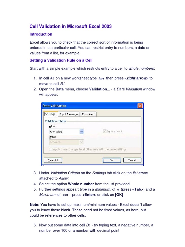 Excel 2003 Cell Validation | PDF | Microsoft Excel | Areas Of Computer ...