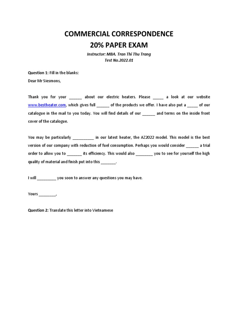 Commercial Correspondence 20 Paper Exam Question 1 Fill in The