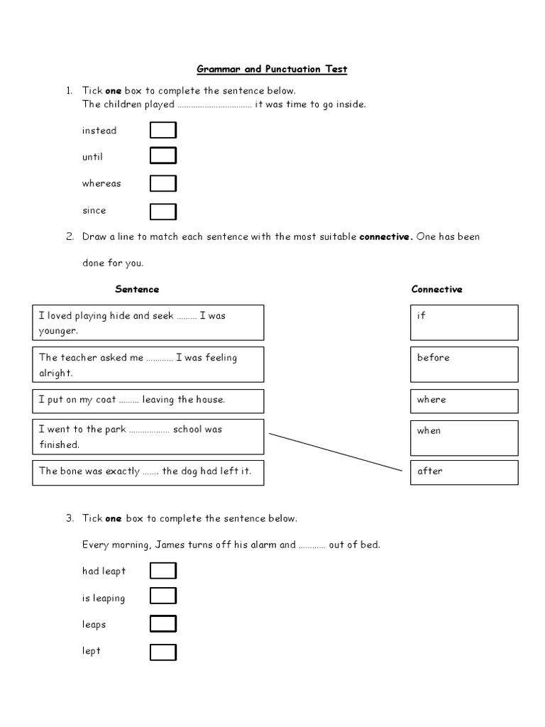 Silo Tips Grammar and Punctuation Test 1 Tick One Box To Complete The Sentence Below The