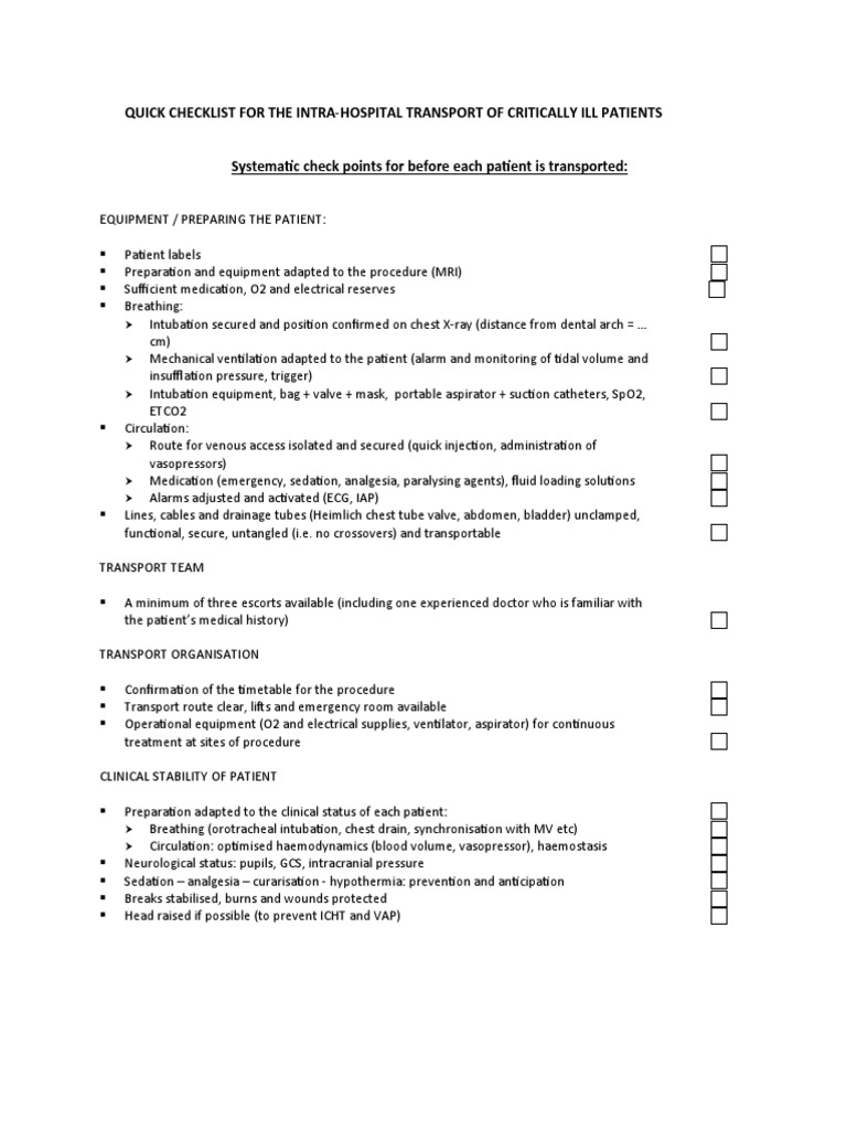 Quick Checklist For The Intra-Hospital Transport of Critically Ill ...