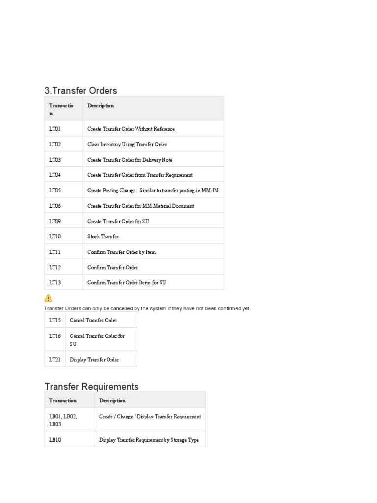 SAP Warehouse Management Transactions | PDF