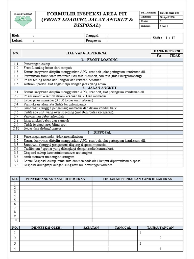 Gc-Fm-Ohs-025 - 01 Form Inspeksi Area Pit | PDF