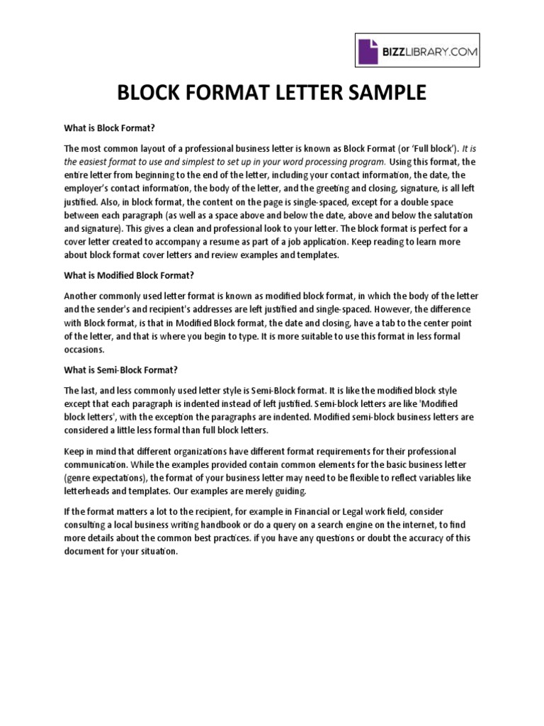Block Format Letter Template | PDF | Paragraph | Cognition