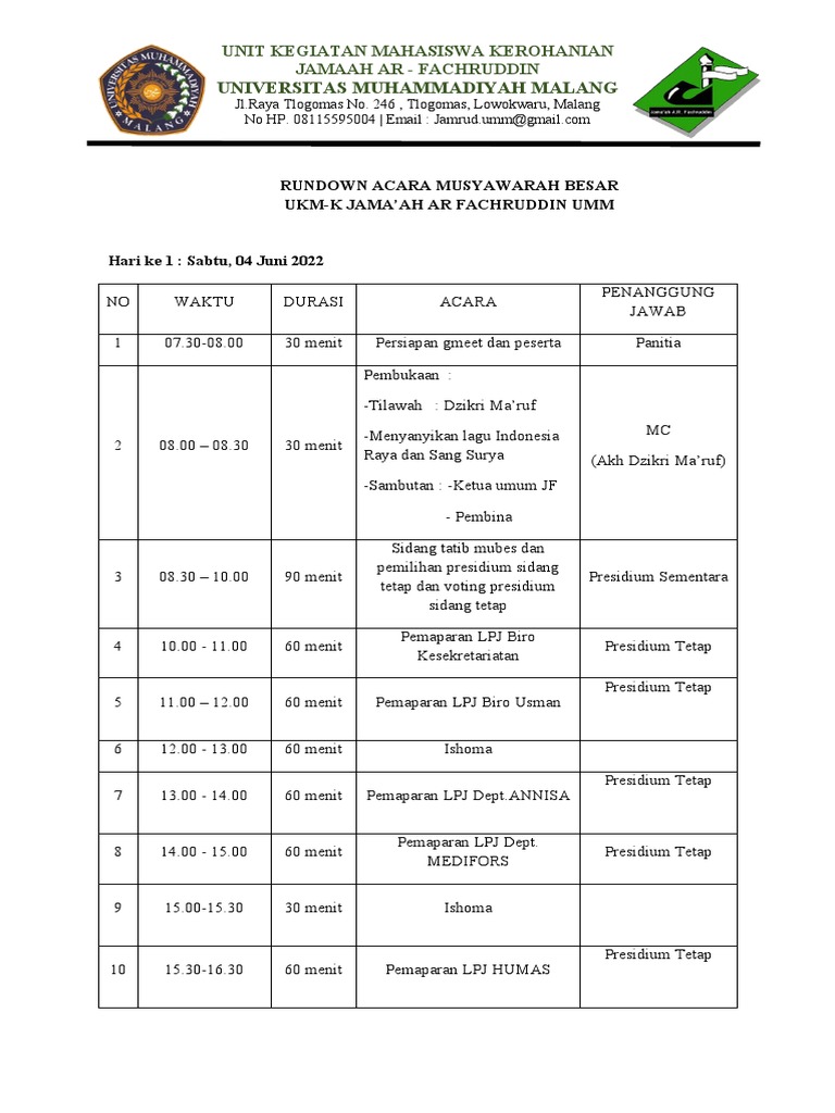 Rundown Musyawarah Besar UKM-K JF UMM | PDF