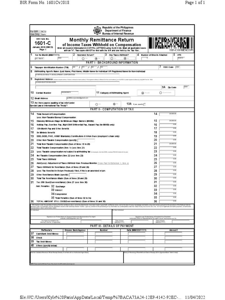 Filed BIR Form No. 1601C March 2022 PDF Taxes Payments