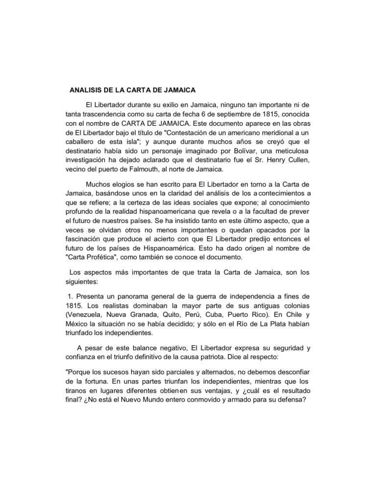Analisis de La Carta de Jamaica Paola  Imperio español 
