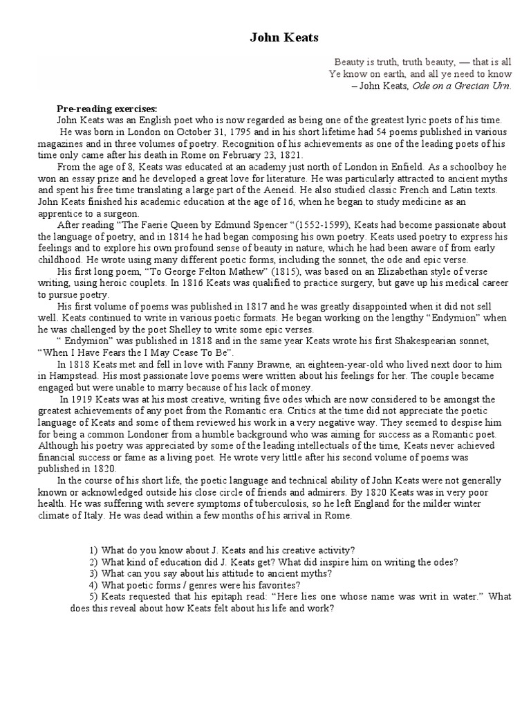 John Keats: Life and Poetic Legacy | PDF | John Keats | Poetry