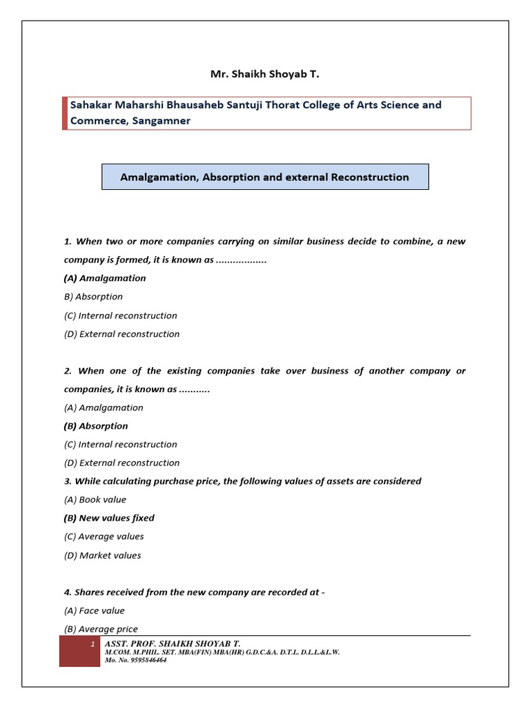 MCQ Amalgamation PDF Goodwill (Accounting) Book Value