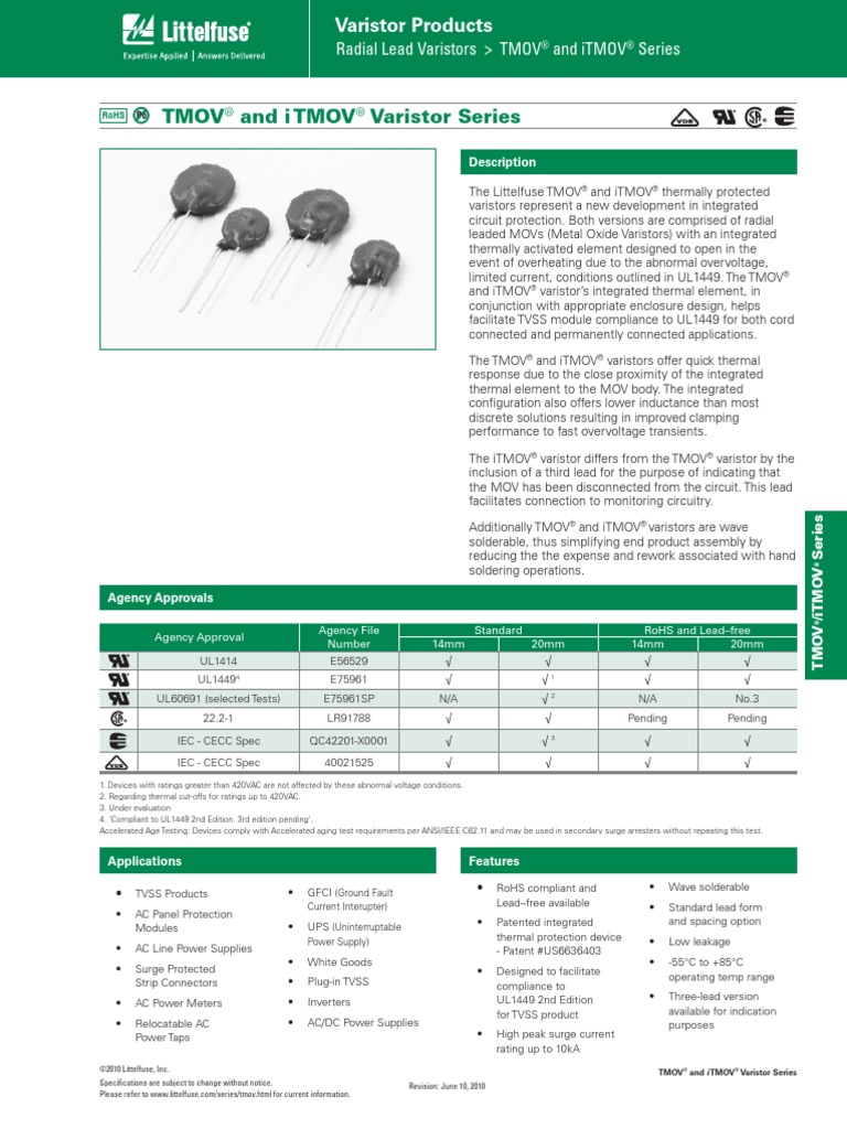 Tmov and I TMOV Varistor Series PDF Power Supply Electricity