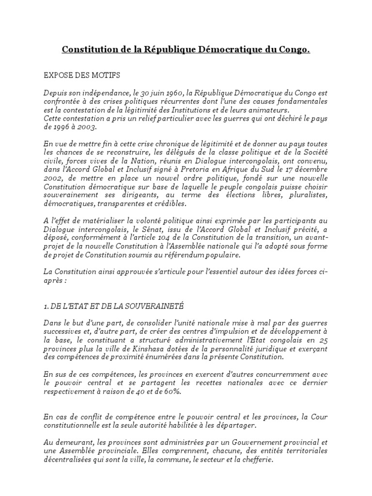 Constitution de la RDC : Principes et Articles | PDF | État | Constitution