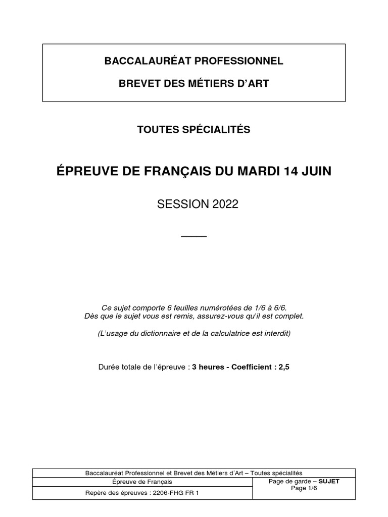 Sujet Brevet Professionnel Maths 2022 Corrigé Sujet Français - Bac Pro 2022 | PDF